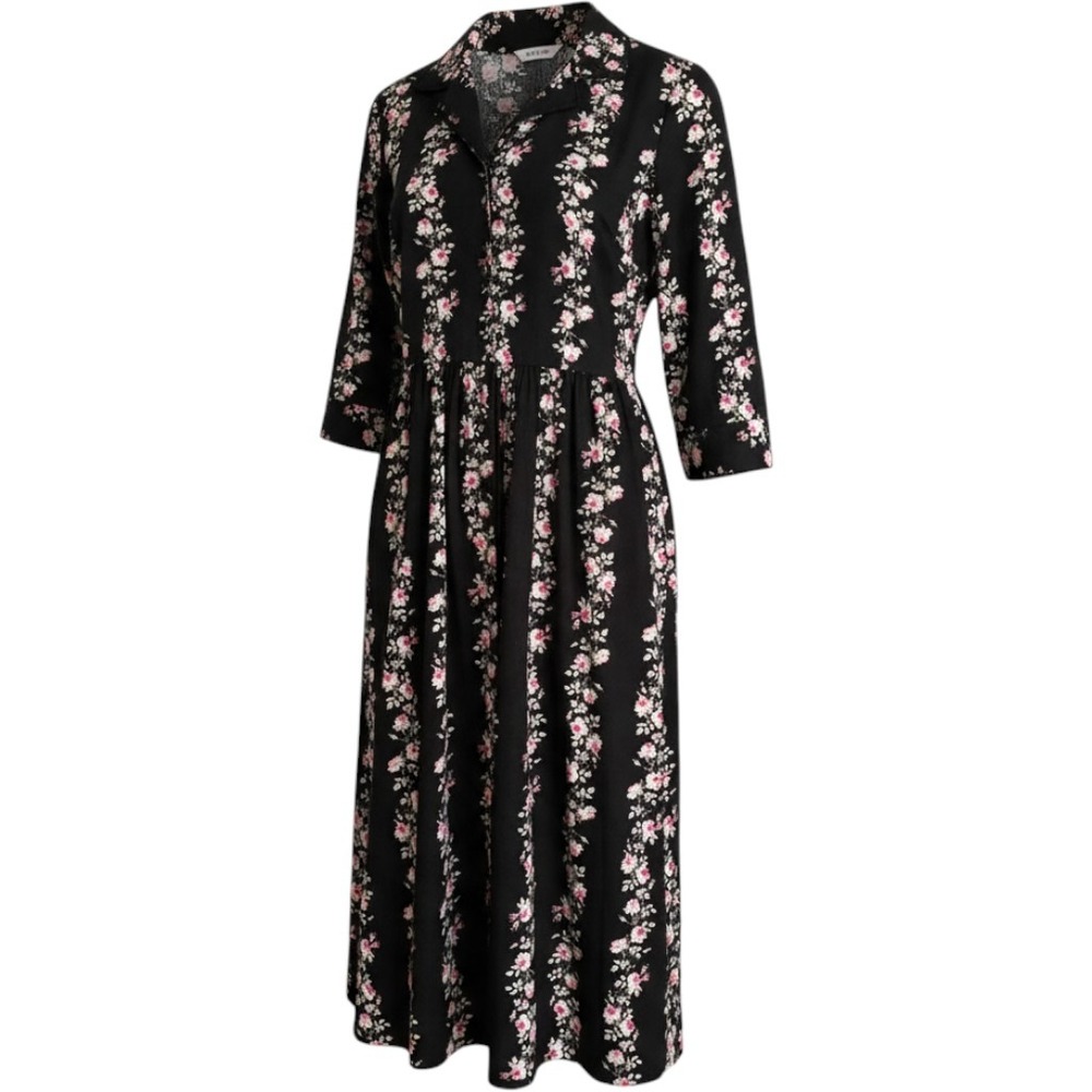 Lanz of Salzburg Black Floral Cotton Flannel Nightgown Lace Trim Midi Dress S
